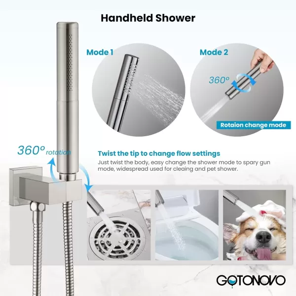 imagegotonovo Ceiling Mount Shower Faucet Set 12 Inch Square Showerhead Bathroom Rainfall Shower System Brushed Nickel Shower Trim Kit 2 in 1 Cylindrical Handheld shower with Roughin ValveBrushed Nickel