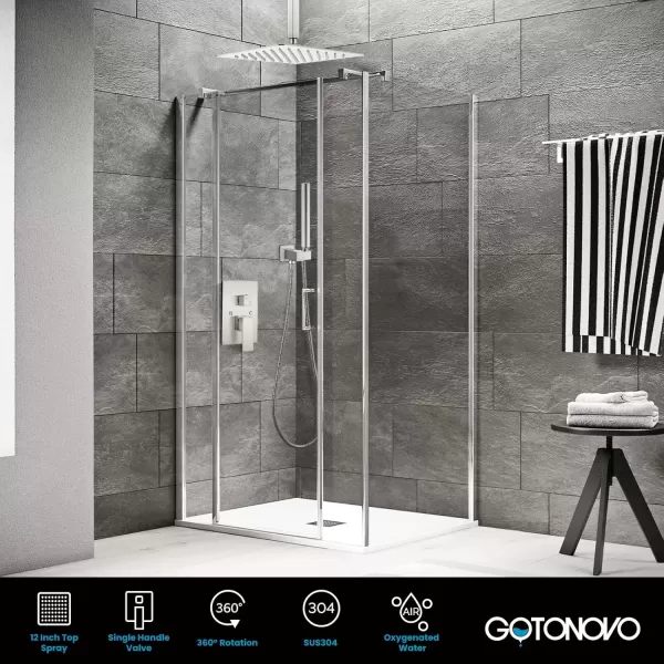 imagegotonovo Ceiling Mount Shower Faucet Set 12 Inch Square Showerhead Bathroom Rainfall Shower System Brushed Nickel Shower Trim Kit 2 in 1 Cylindrical Handheld shower with Roughin ValveBrushed Nickel