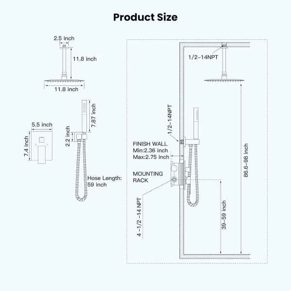 imagegotonovo Ceiling Mount Shower Faucet Set 12 Inch Square Showerhead Bathroom Rainfall Shower System Brushed Nickel Shower Trim Kit 2 in 1 Cylindrical Handheld shower with Roughin ValveMatte Black