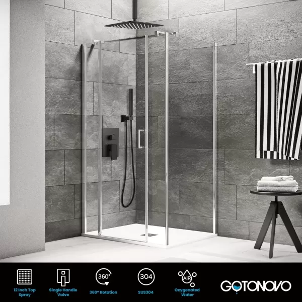imagegotonovo Ceiling Mount Shower Faucet Set 12 Inch Square Showerhead Bathroom Rainfall Shower System Brushed Nickel Shower Trim Kit 2 in 1 Cylindrical Handheld shower with Roughin ValveMatte Black