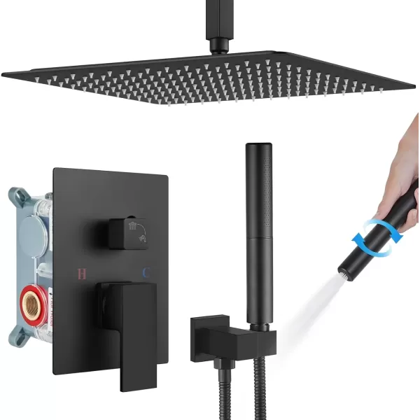imagegotonovo Ceiling Mount Shower Faucet Set 12 Inch Square Showerhead Bathroom Rainfall Shower System Brushed Nickel Shower Trim Kit 2 in 1 Cylindrical Handheld shower with Roughin ValveMatte Black