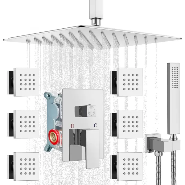 imagegotonovo Ceiling Mounted Rain Mixer Shower Faucet Set Chrome Polished 12 inch Square Rainfall Shower Head with 6 Body Spray Jets and Brass Handshower Roughin Valve and Trim IncludedChrome Polished