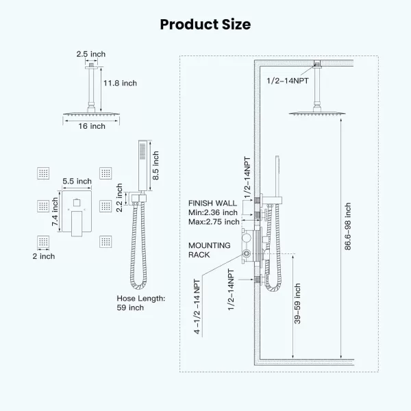 imagegotonovo Ceiling Mounted Rain Mixer Shower Faucet Set Chrome Polished 12 inch Square Rainfall Shower Head with 6 Body Spray Jets and Brass Handshower Roughin Valve and Trim IncludedMatte Black