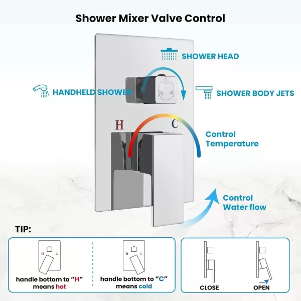 imagegotonovo Ceiling Mounted Rain Mixer Shower Faucet Set Chrome Polished 12 inch Square Rainfall Shower Head with 6 Body Spray Jets and Brass Handshower Roughin Valve and Trim IncludedChrome Polished