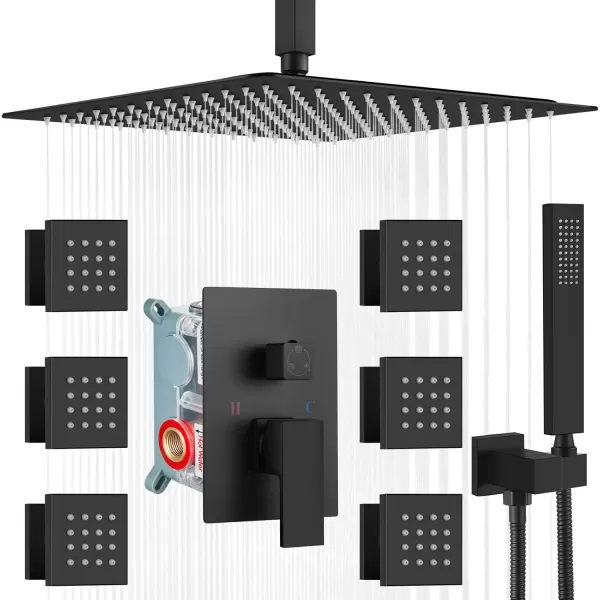 imagegotonovo Ceiling Mounted Rain Mixer Shower Faucet Set Chrome Polished 12 inch Square Rainfall Shower Head with 6 Body Spray Jets and Brass Handshower Roughin Valve and Trim IncludedMatte Black