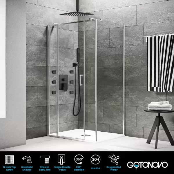 imagegotonovo Ceiling Mounted Rain Mixer Shower Faucet Set Chrome Polished 12 inch Square Rainfall Shower Head with 6 Body Spray Jets and Brass Handshower Roughin Valve and Trim IncludedMatte Black