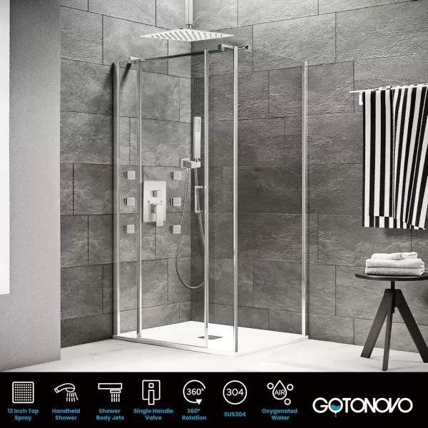 imagegotonovo Ceiling Mounted Rain Mixer Shower Faucet Set Chrome Polished 12 inch Square Rainfall Shower Head with 6 Body Spray Jets and Brass Handshower Roughin Valve and Trim IncludedBrushed Nickel