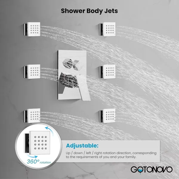 imagegotonovo Ceiling Mounted Rain Mixer Shower Faucet Set Chrome Polished 12 inch Square Rainfall Shower Head with 6 Body Spray Jets and Brass Handshower Roughin Valve and Trim IncludedChrome Polished