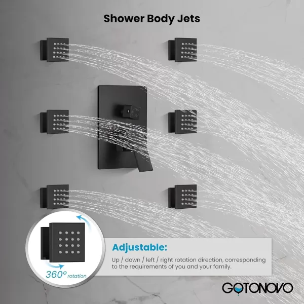 imagegotonovo Ceiling Mounted Rain Mixer Shower Faucet Set Chrome Polished 12 inch Square Rainfall Shower Head with 6 Body Spray Jets and Brass Handshower Roughin Valve and Trim IncludedMatte Black