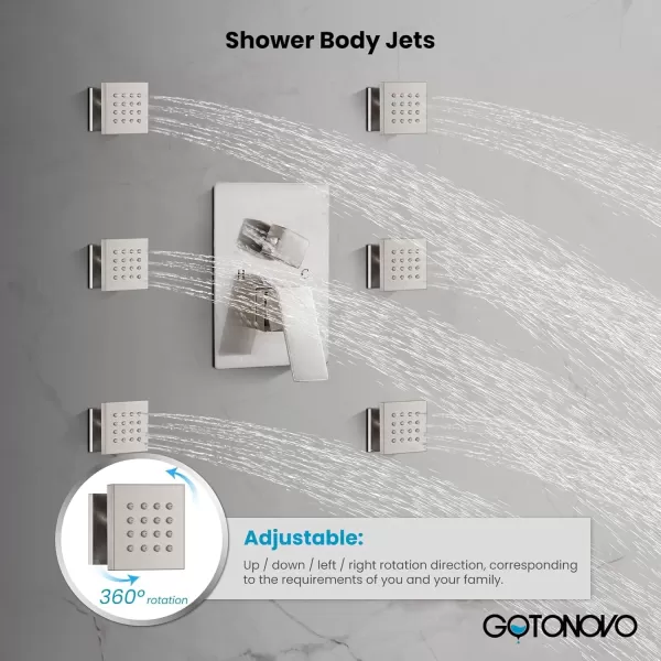 imagegotonovo Ceiling Mounted Rain Mixer Shower Faucet Set Chrome Polished 12 inch Square Rainfall Shower Head with 6 Body Spray Jets and Brass Handshower Roughin Valve and Trim IncludedBrushed Nickel