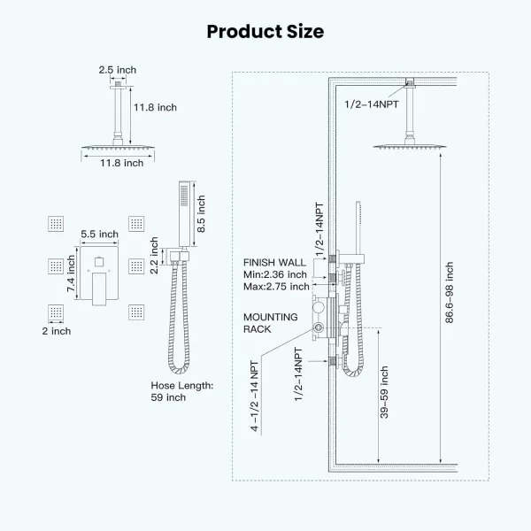 imagegotonovo Ceiling Mounted Rain Mixer Shower Faucet Set Chrome Polished 12 inch Square Rainfall Shower Head with 6 Body Spray Jets and Brass Handshower Roughin Valve and Trim IncludedBrushed Nickel
