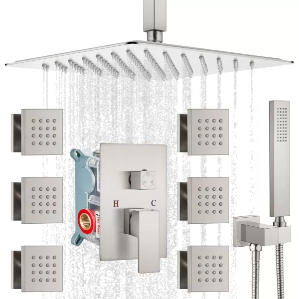 imagegotonovo Ceiling Mounted Rain Mixer Shower Faucet Set Chrome Polished 12 inch Square Rainfall Shower Head with 6 Body Spray Jets and Brass Handshower Roughin Valve and Trim IncludedBrushed Nickel