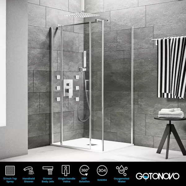 imagegotonovo Ceiling Mounted Rain Mixer Shower Faucet Set Chrome Polished 12 inch Square Rainfall Shower Head with 6 Body Spray Jets and Brass Handshower Roughin Valve and Trim IncludedChrome Polished