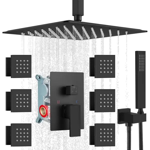 imagegotonovo Ceiling Mounted Rain Mixer Shower Faucet Set Chrome Polished 12 inch Square Rainfall Shower Head with 6 Body Spray Jets and Brass Handshower Roughin Valve and Trim IncludedMatte Black