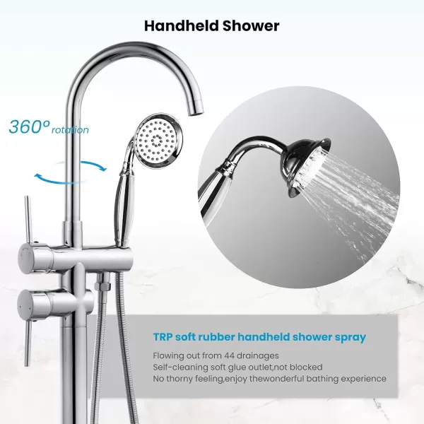 imagegotonovo Chrome Freestanding Bathtub Faucet Tub Filler with Hand Held Shower FloorMount Polished Chrome High Flow Brass Bathtub Faucet with Hand SprayerChrome
