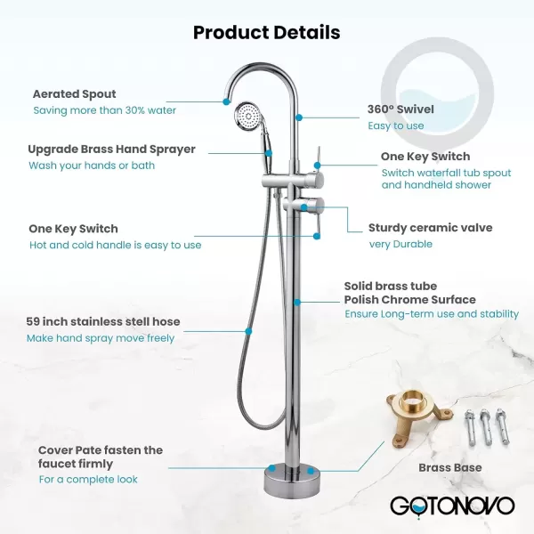 imagegotonovo Chrome Freestanding Bathtub Faucet Tub Filler with Hand Held Shower FloorMount Polished Chrome High Flow Brass Bathtub Faucet with Hand SprayerChrome