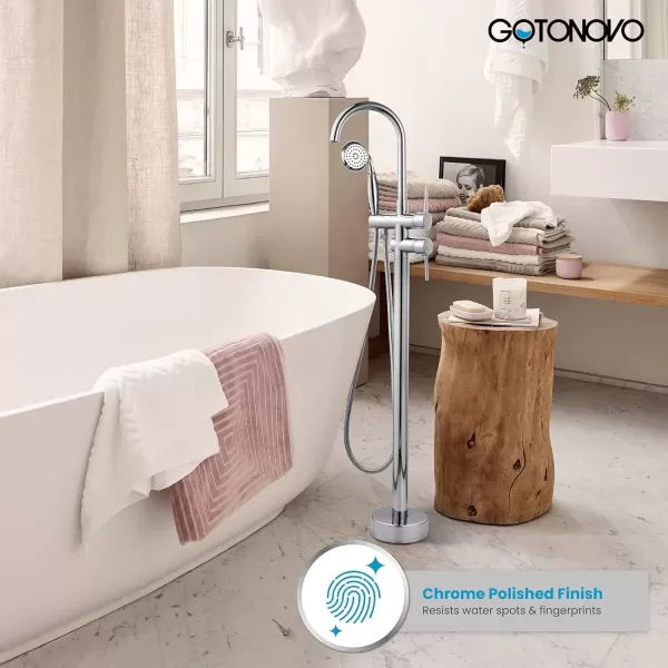 imagegotonovo Chrome Freestanding Bathtub Faucet Tub Filler with Hand Held Shower FloorMount Polished Chrome High Flow Brass Bathtub Faucet with Hand SprayerChrome