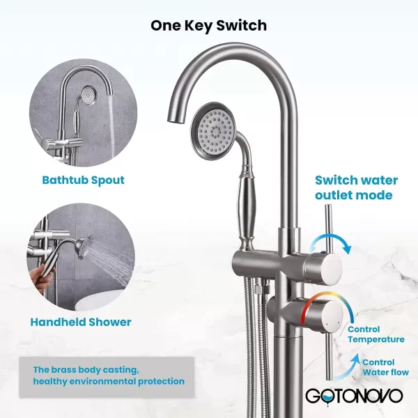 imagegotonovo Chrome Freestanding Bathtub Faucet Tub Filler with Hand Held Shower FloorMount Polished Chrome High Flow Brass Bathtub Faucet with Hand SprayerBrushed Nickel