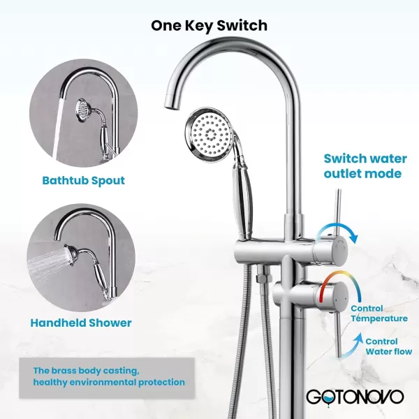 imagegotonovo Chrome Freestanding Bathtub Faucet Tub Filler with Hand Held Shower FloorMount Polished Chrome High Flow Brass Bathtub Faucet with Hand SprayerChrome
