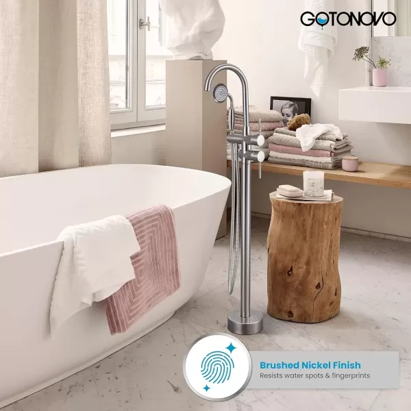 imagegotonovo Chrome Freestanding Bathtub Faucet Tub Filler with Hand Held Shower FloorMount Polished Chrome High Flow Brass Bathtub Faucet with Hand SprayerBrushed Nickel
