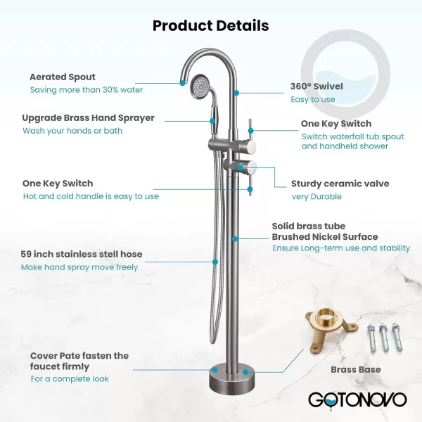 imagegotonovo Chrome Freestanding Bathtub Faucet Tub Filler with Hand Held Shower FloorMount Polished Chrome High Flow Brass Bathtub Faucet with Hand SprayerBrushed Nickel