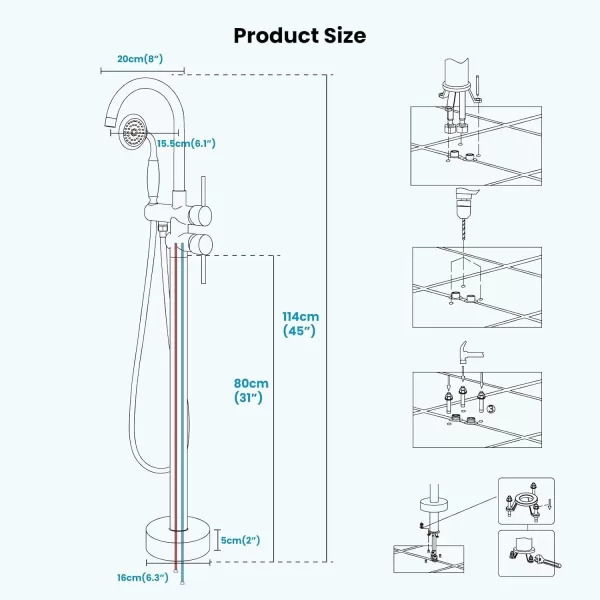 imagegotonovo Chrome Freestanding Bathtub Faucet Tub Filler with Hand Held Shower FloorMount Polished Chrome High Flow Brass Bathtub Faucet with Hand SprayerChrome