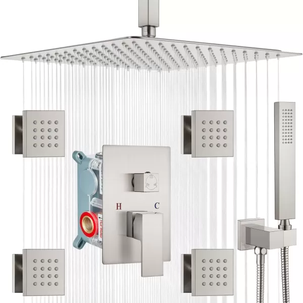 imagegotonovo Chrome Polished Rain Mixer Shower Faucet Set Ceiling Mounted 12 inch Square Rainfall Shower Head with 4 Body Spray Jets and Brass Handshower Roughin Valve and Trim IncludedBrushed Nickel