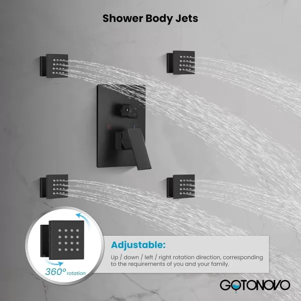 imagegotonovo Chrome Polished Rain Mixer Shower Faucet Set Ceiling Mounted 12 inch Square Rainfall Shower Head with 4 Body Spray Jets and Brass Handshower Roughin Valve and Trim IncludedMatte Black
