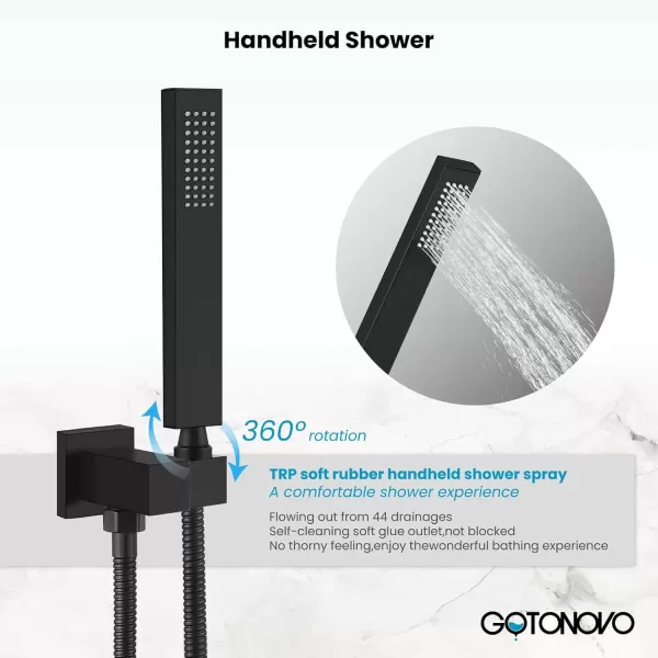 imagegotonovo Chrome Polished Rain Mixer Shower Faucet Set Ceiling Mounted 12 inch Square Rainfall Shower Head with 4 Body Spray Jets and Brass Handshower Roughin Valve and Trim IncludedMatte Black