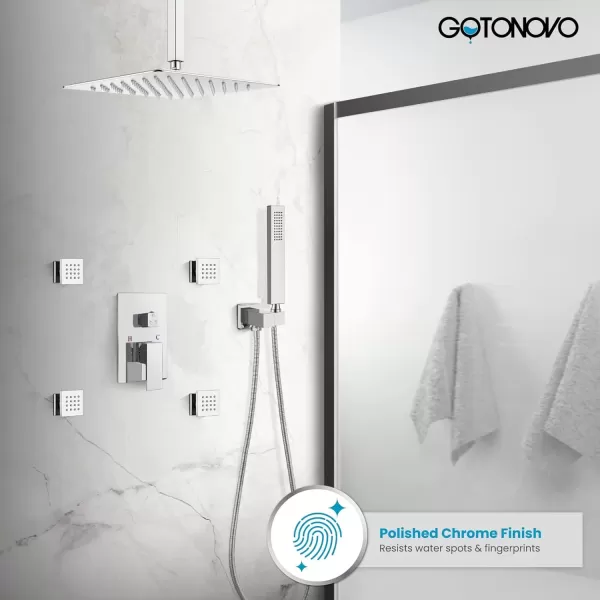 imagegotonovo Chrome Polished Rain Mixer Shower Faucet Set Ceiling Mounted 12 inch Square Rainfall Shower Head with 4 Body Spray Jets and Brass Handshower Roughin Valve and Trim IncludedChrome Polished