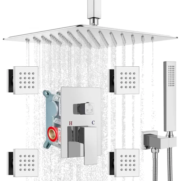 imagegotonovo Chrome Polished Rain Mixer Shower Faucet Set Ceiling Mounted 12 inch Square Rainfall Shower Head with 4 Body Spray Jets and Brass Handshower Roughin Valve and Trim IncludedChrome Polished