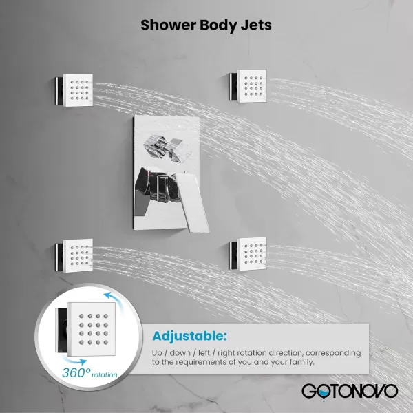 imagegotonovo Chrome Polished Rain Mixer Shower Faucet Set Ceiling Mounted 12 inch Square Rainfall Shower Head with 4 Body Spray Jets and Brass Handshower Roughin Valve and Trim IncludedChrome Polished