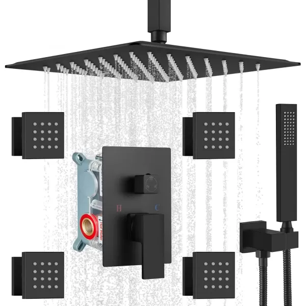 imagegotonovo Chrome Polished Rain Mixer Shower Faucet Set Ceiling Mounted 12 inch Square Rainfall Shower Head with 4 Body Spray Jets and Brass Handshower Roughin Valve and Trim IncludedMatte Black