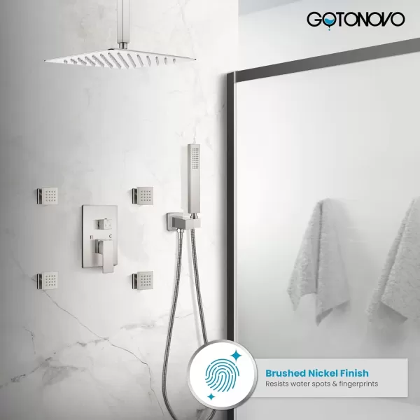 imagegotonovo Chrome Polished Rain Mixer Shower Faucet Set Ceiling Mounted 12 inch Square Rainfall Shower Head with 4 Body Spray Jets and Brass Handshower Roughin Valve and Trim IncludedBrushed Nickel