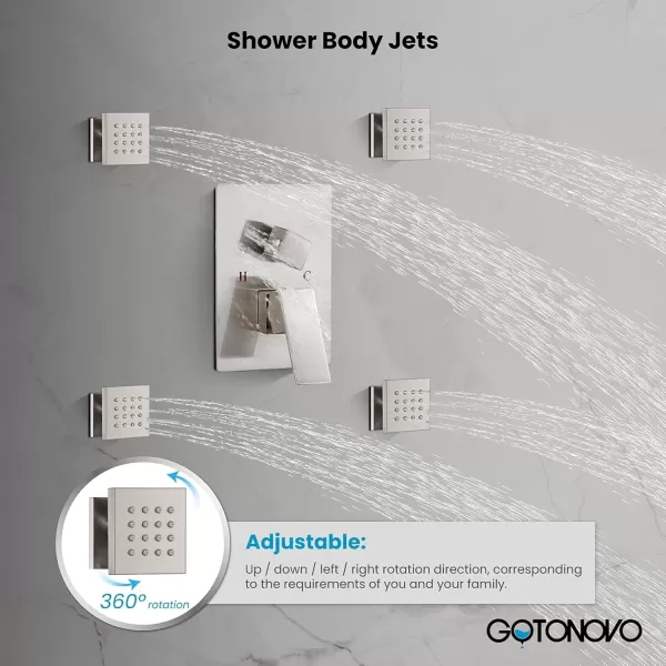 imagegotonovo Chrome Polished Rain Mixer Shower Faucet Set Ceiling Mounted 12 inch Square Rainfall Shower Head with 4 Body Spray Jets and Brass Handshower Roughin Valve and Trim IncludedBrushed Nickel