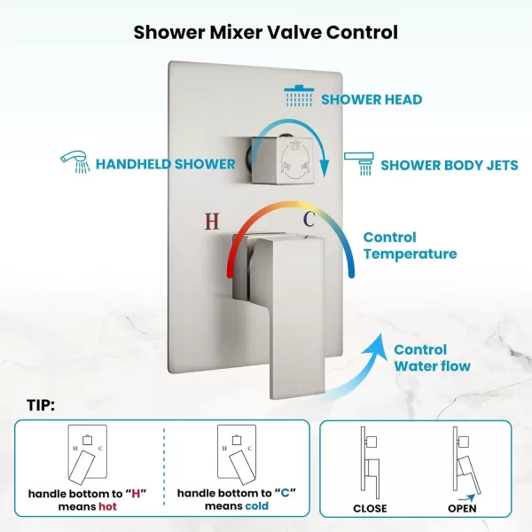 imagegotonovo Chrome Polished Rain Mixer Shower Faucet Set Ceiling Mounted 12 inch Square Rainfall Shower Head with 4 Body Spray Jets and Brass Handshower Roughin Valve and Trim IncludedBrushed Nickel