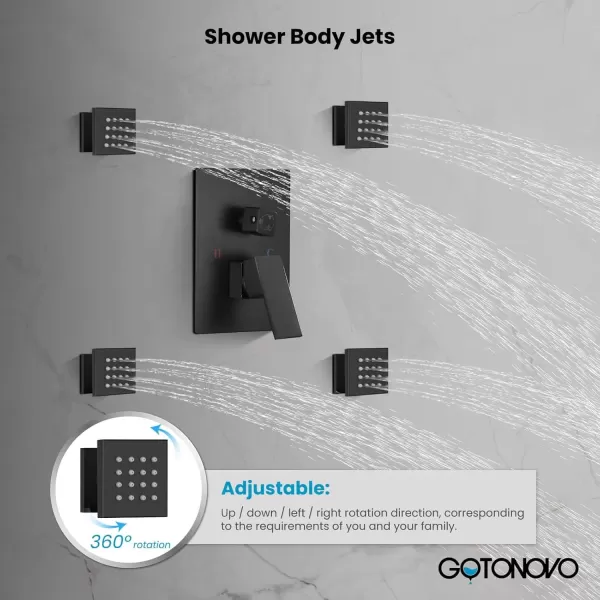 imagegotonovo Chrome Polished Rain Mixer Shower Faucet Set Ceiling Mounted 12 inch Square Rainfall Shower Head with 4 Body Spray Jets and Brass Handshower Roughin Valve and Trim IncludedMatte Black