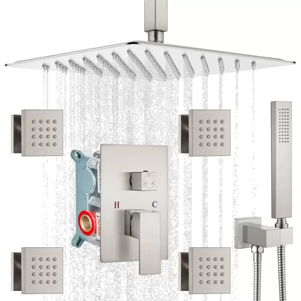 imagegotonovo Chrome Polished Rain Mixer Shower Faucet Set Ceiling Mounted 12 inch Square Rainfall Shower Head with 4 Body Spray Jets and Brass Handshower Roughin Valve and Trim IncludedBrushed Nickel