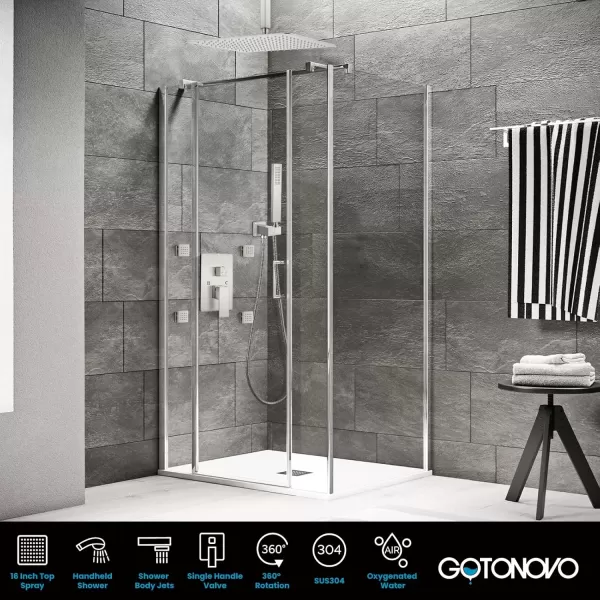 imagegotonovo Chrome Polished Rain Mixer Shower Faucet Set Ceiling Mounted 12 inch Square Rainfall Shower Head with 4 Body Spray Jets and Brass Handshower Roughin Valve and Trim IncludedBrushed Nickel