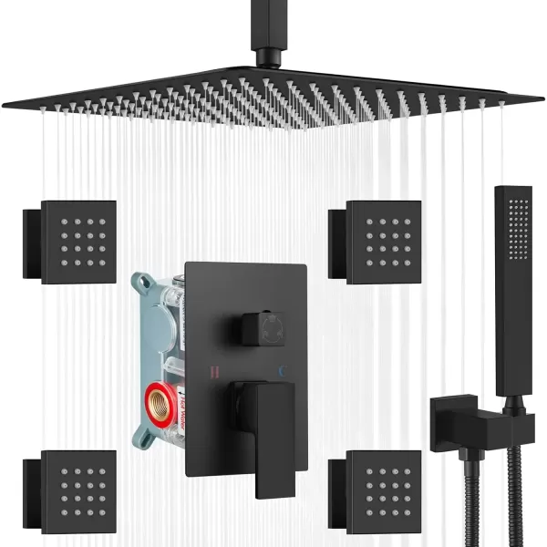 imagegotonovo Chrome Polished Rain Mixer Shower Faucet Set Ceiling Mounted 12 inch Square Rainfall Shower Head with 4 Body Spray Jets and Brass Handshower Roughin Valve and Trim IncludedMatte Black