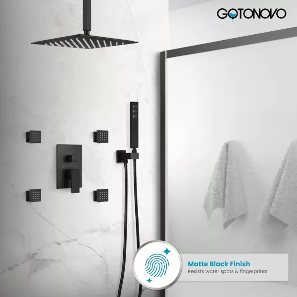 imagegotonovo Chrome Polished Rain Mixer Shower Faucet Set Ceiling Mounted 12 inch Square Rainfall Shower Head with 4 Body Spray Jets and Brass Handshower Roughin Valve and Trim IncludedMatte Black