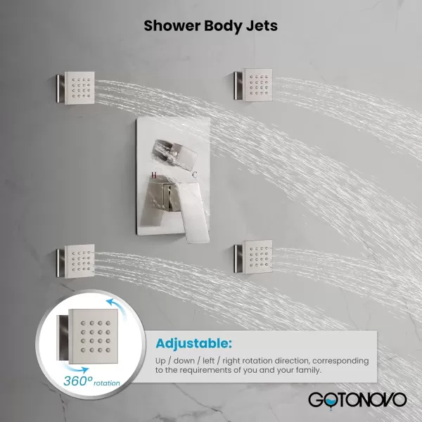 imagegotonovo Chrome Polished Rain Mixer Shower Faucet Set Ceiling Mounted 12 inch Square Rainfall Shower Head with 4 Body Spray Jets and Brass Handshower Roughin Valve and Trim IncludedBrushed Nickel