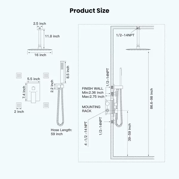 imagegotonovo Chrome Polished Rain Mixer Shower Faucet Set Ceiling Mounted 12 inch Square Rainfall Shower Head with 4 Body Spray Jets and Brass Handshower Roughin Valve and Trim IncludedMatte Black