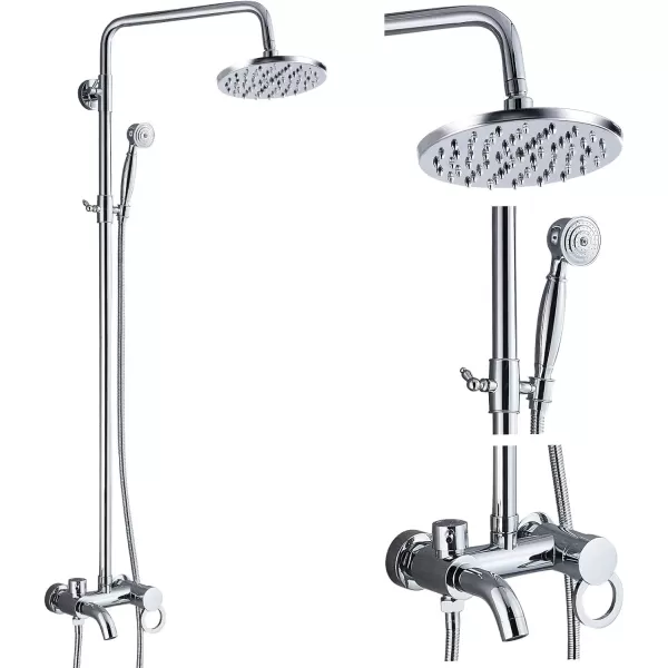 imagegotonovo Chrome Polished Shower Set 8Inch Rainfall Shower Head Sinlge handle Shower Faucet Kit with Hand Held Spray High End Luxury