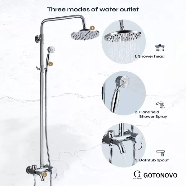 imagegotonovo Chrome Polished Shower Set 8Inch Rainfall Shower Head Sinlge handle Shower Faucet Kit with Hand Held Spray High End Luxury