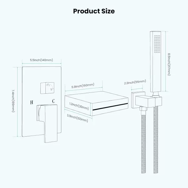 imagegotonovo Chrome Polished Waterfall Bathtub Faucet with Hand Held Shower Wall Mounted Rough in Valve Bathroom Tub Filler Spout Bathtub Sprayer Solid Brass