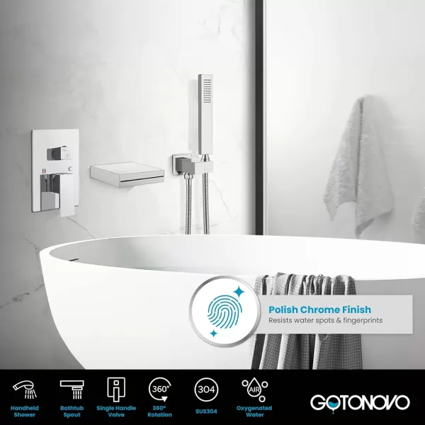 imagegotonovo Chrome Polished Waterfall Bathtub Faucet with Hand Held Shower Wall Mounted Rough in Valve Bathroom Tub Filler Spout Bathtub Sprayer Solid Brass