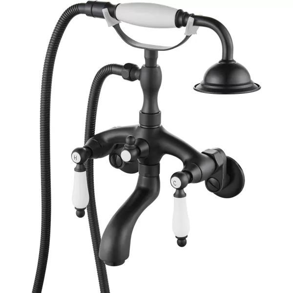 imagegotonovo Clawfoot Bathtub Faucet Oil Rubbed Bronze Wall Mount 18174 Adjustable Center Double Level Handle Shower Faucet System Telephone Shape Sprayer with Lengthen Adapter Adjustable Swing ArmsMatte Black