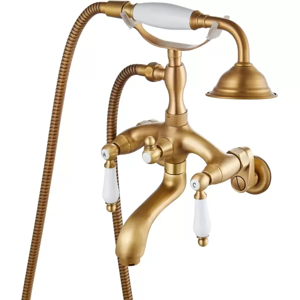 imagegotonovo Clawfoot Bathtub Faucet Oil Rubbed Bronze Wall Mount 18174 Adjustable Center Double Level Handle Shower Faucet System Telephone Shape Sprayer with Lengthen Adapter Adjustable Swing ArmsAntique Brass