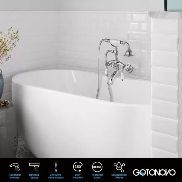 imagegotonovo Clawfoot Bathtub Faucet Oil Rubbed Bronze Wall Mount 18174 Adjustable Center Double Level Handle Shower Faucet System Telephone Shape Sprayer with Lengthen Adapter Adjustable Swing ArmsPolish Chrome